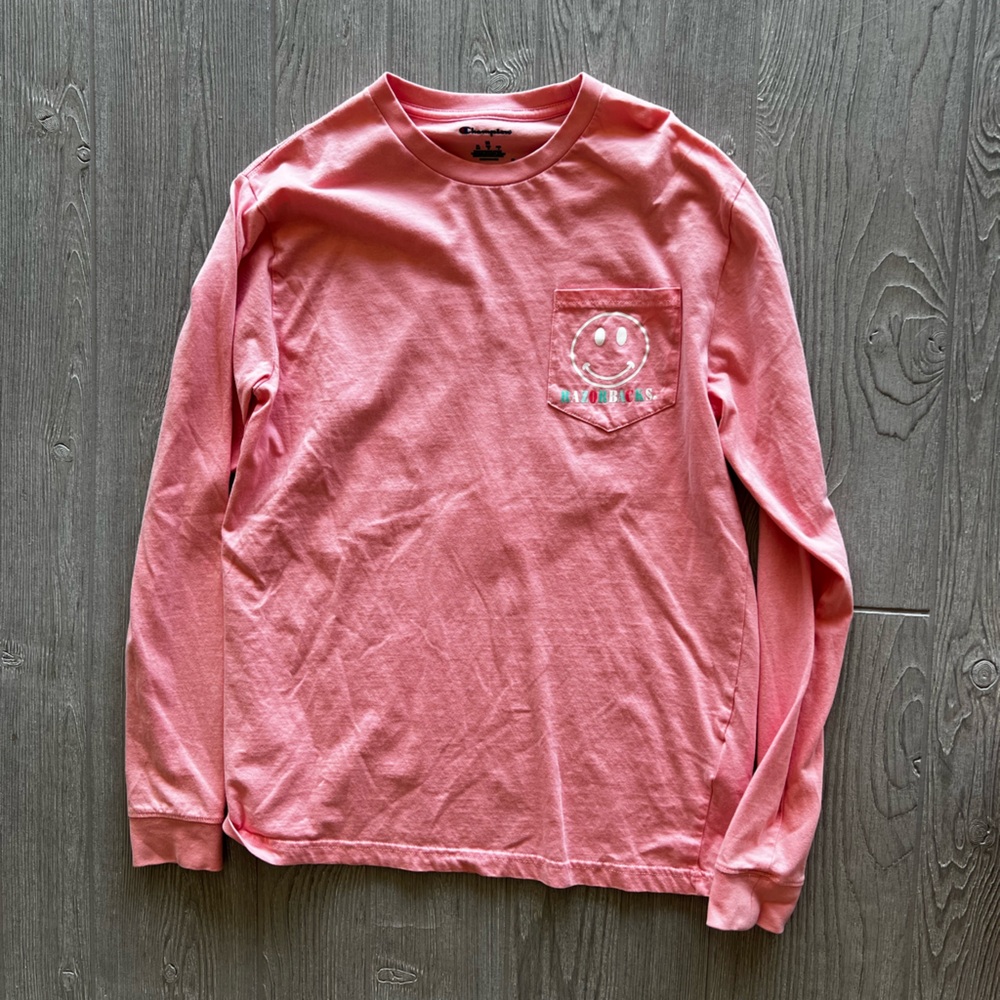 Champion Arkansas Razorbacks Smiley Face Long Sleeve Shirt Medium Peach Pink